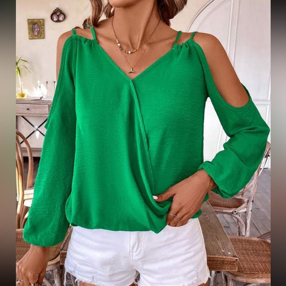 Classic Elegant Cut Out Cold Shoulder Long Sleeve Top Blouse Shirt Green - Picture 5 of 5